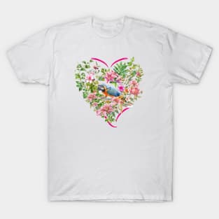 Floral heart with Blue Parrot T-Shirt